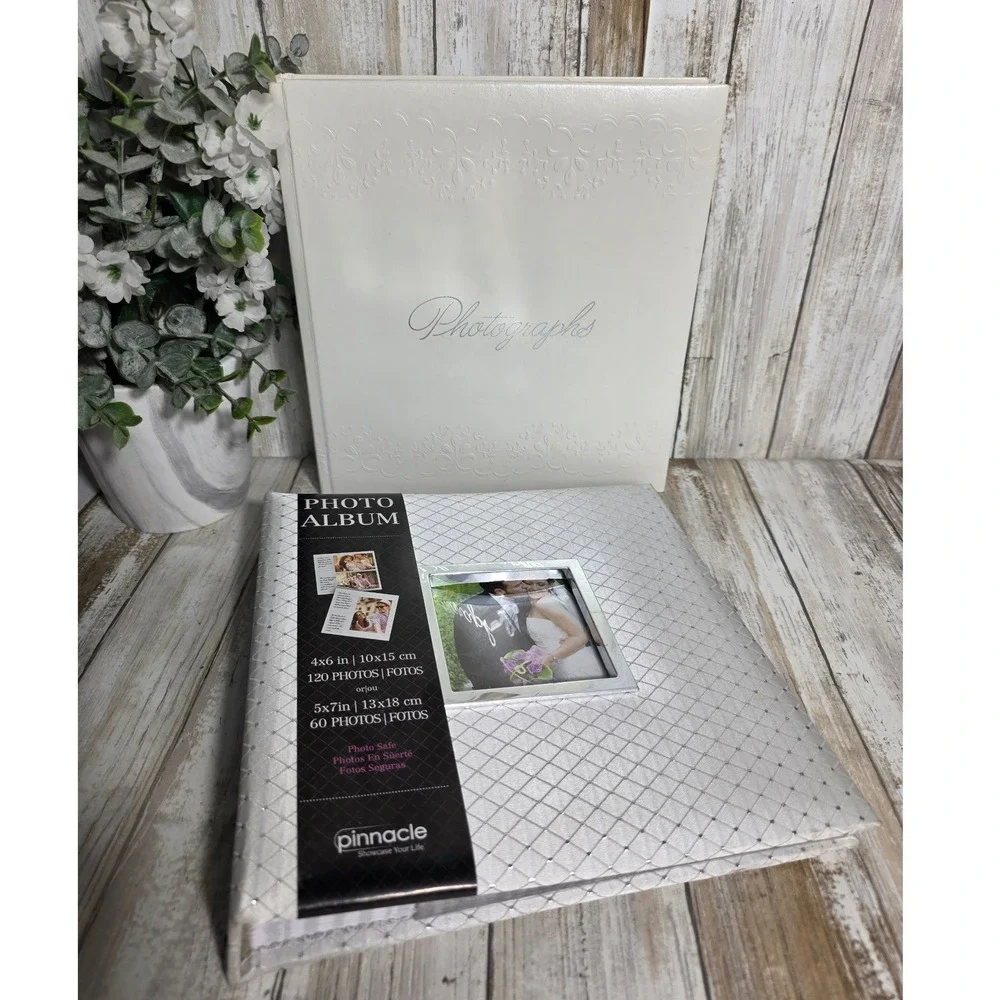 Pinnacle Silver Quilted & White Embossed Photo Album Set Wedding Keepsake 2pk